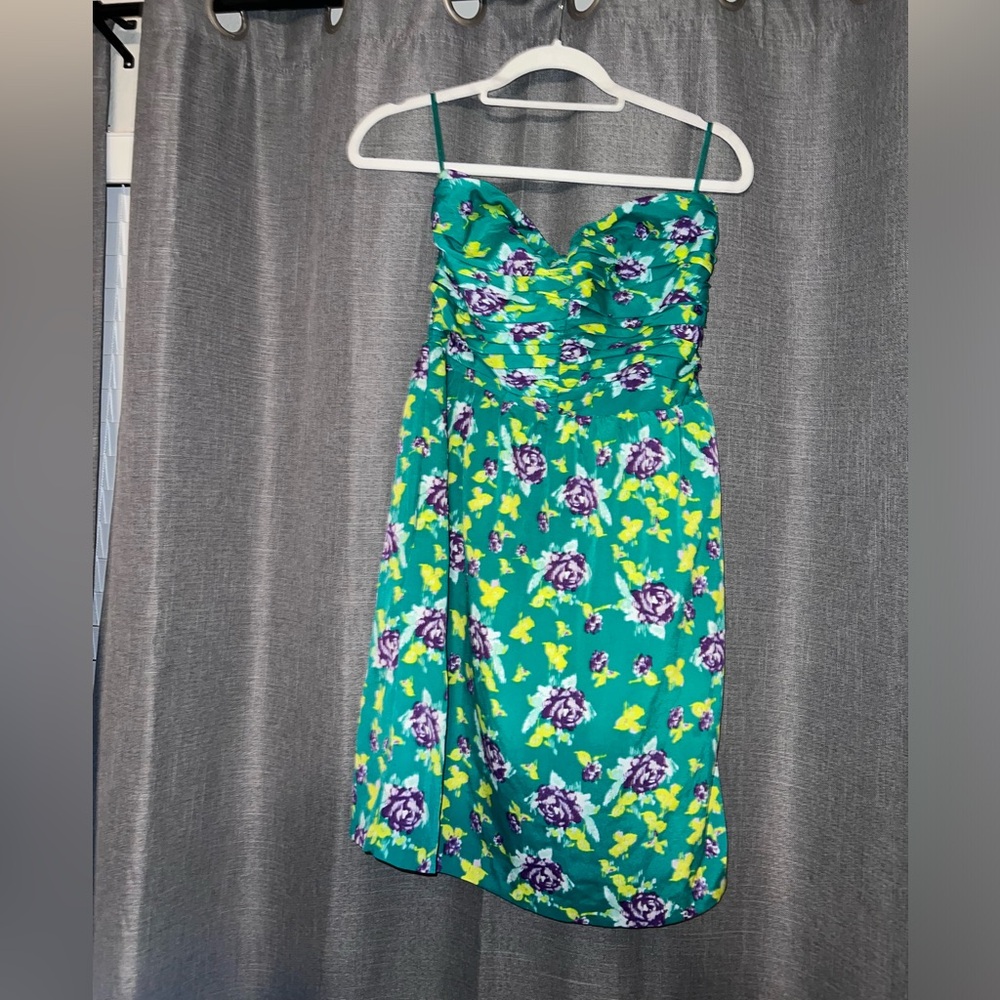 Gap Green Purple Yellow Floral Strapless Sundress Ruched Bodice Pockets Lined 12